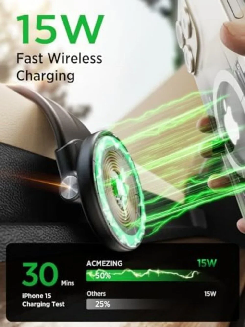15W Magnetic Wireless Car Charger Mount, Adjustable Aluminum Phone Holder, Fast